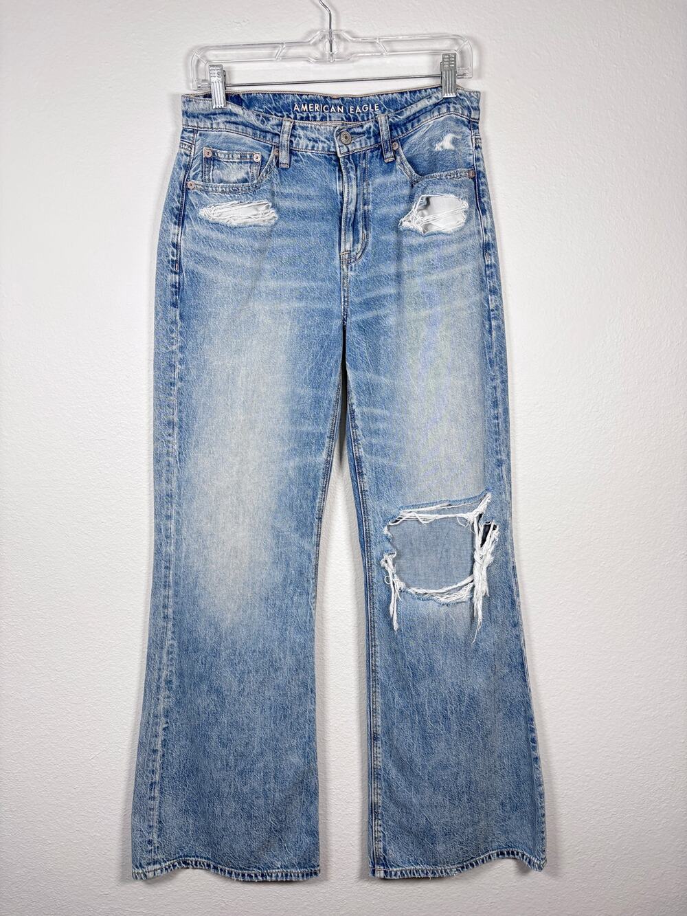 American Eagle Light Wash Lightweight Distressed Low Rise Baggy Flare Jeans